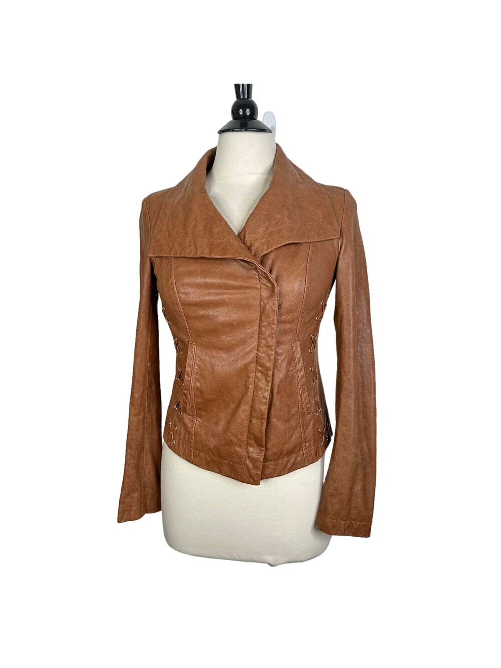 Michael Michael Kors Women's XS Brown Genuine Leather Moto Jacket Lace Up Detail